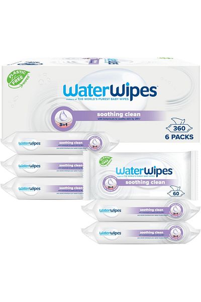 WaterWipes مناديل مبللة مهدئة ونظيفة للأطفال، 360 منديل (عبوة من 6 قطع)،