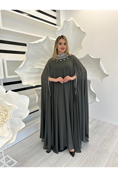 White Corner 2957 ŞİFON YAKA UCU ÖZEL TAŞ İŞLEMELİ ELBİSE