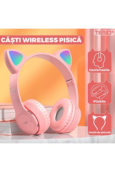 Teno Teno® Cat Wireless Headphones, P47M, over-ear, cat ears, pink