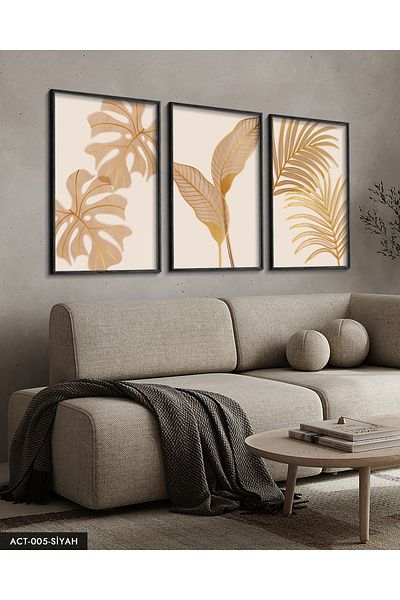 Evinemoda Botanic Golden Leaf Flower 3 bucăți pictură în cadru din lemn negru ACT