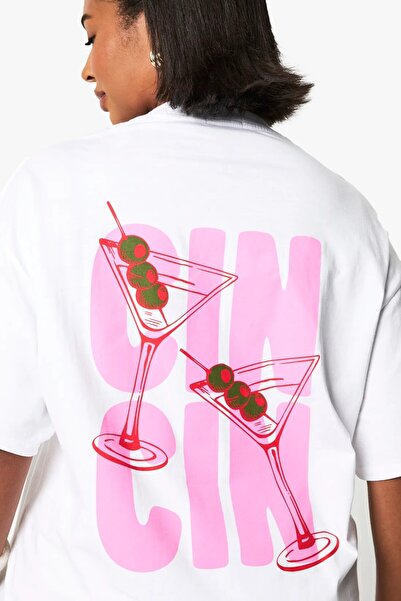 GIA - ART Plus Size Women's T-Shirt 100% Cotton White Oversize Summer Cin Cin Cocktail Glass Printed