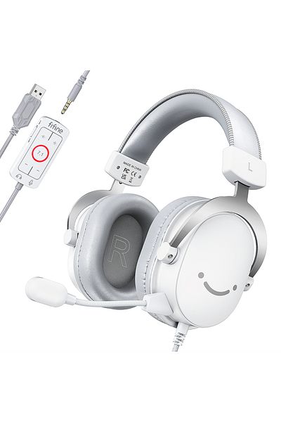 Fifine WHITE FIFINE USB Gaming Headset with 7.1 Surround Sound/3.5mm Jack/Microphone,Over-Ear Wired Headpho