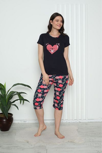 Tsk Model Women's Cotton Pajamas – Long Sleeves and Pants, Heart Print, Navy Blue