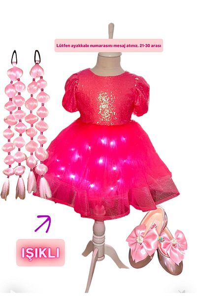 3b kids Sequined Pink Light Dress Costume + Pink Bubble Hair + Pink Ballerina Set Holiday Birthday Party