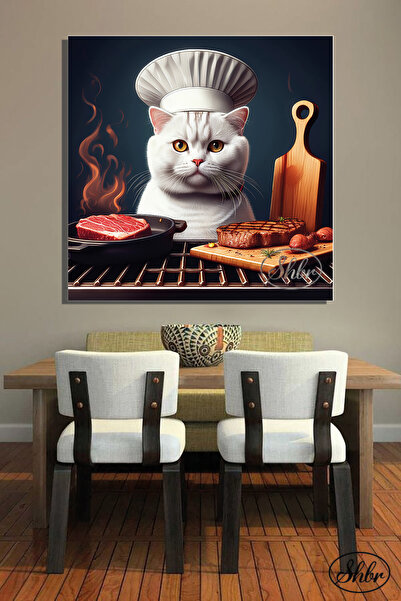Şehber Tekli Kare Kanvas Dekoratif Duvar Tablosu , Aşçı Izgara Yapan Kedi,
