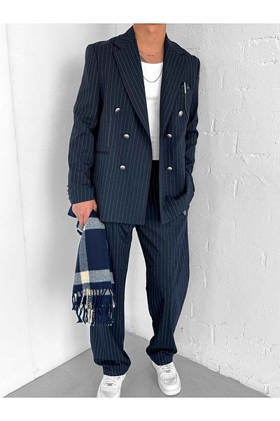 ablukaonline Men's Striped Oversize Double Breasted Suit Navy Blue