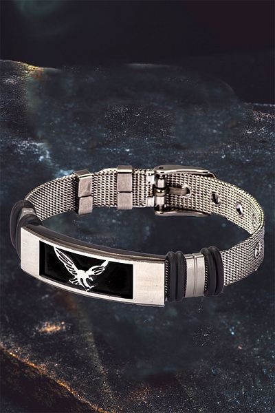 OSMANLI GÜMÜŞ Men's Steel Bracelet - Straw Model Eagle Motif Steel Bracelet