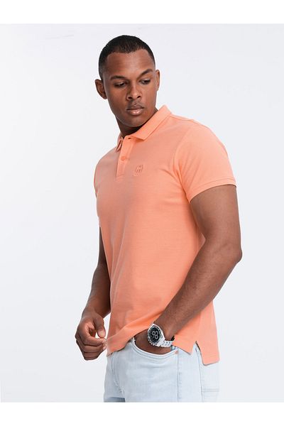 OMBRE Einfarbiges BASIC-Poloshirt aus Piqué-Strick für Herren - Pfirsich V19 OM-POBS-0100 S