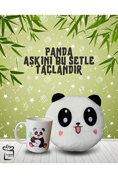 formubi Panda Figürlü Kupa Bardak - Pandalı Yastık Hediyelik Seti