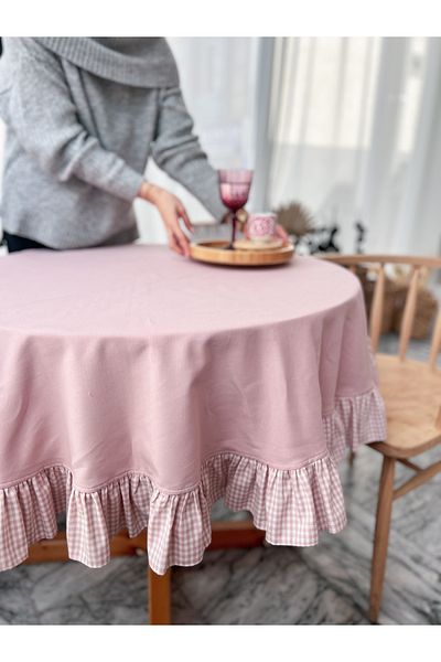 KaiHome Față de masă rotundă cu volane din in 100X100CM