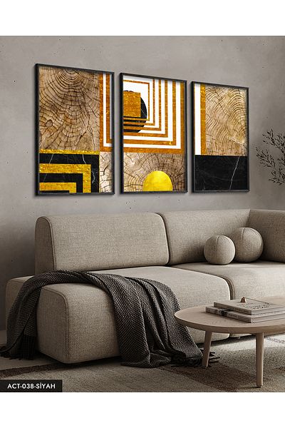 Evinemoda Abstract Artistic Pattern 3 Piece Black Wood Framed Painting Act