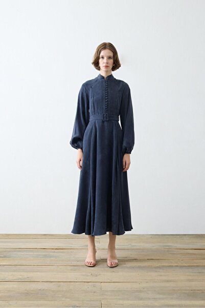 TERZİ DÜKKANI GLORIA YARIM BRİTLİ ELBİSE LACİVERT