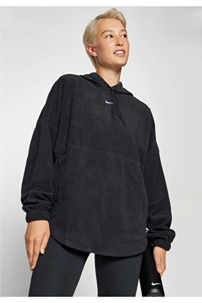 Nike One Oversized Therma-Fit Pullover Fleece Hoodie Training Polarlı Siyah Kadın Sweatshirt