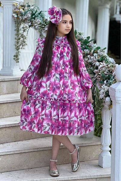 Riccotarz Girl's Floral Embroidered Pleated Pink Dress with Ruffle Detail at the Collar and Shoulders
