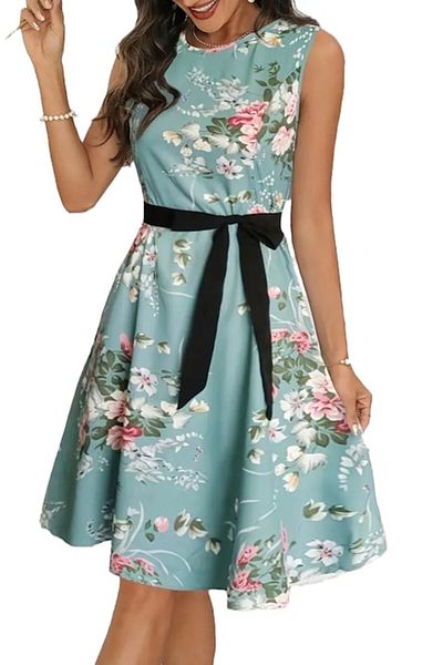 import Rochie de vara florala, cordon in talie, Albastru