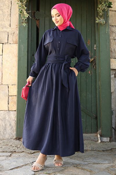 InStyle Double Pocket Balloon Sleeve Navy Blue Skirt Suit