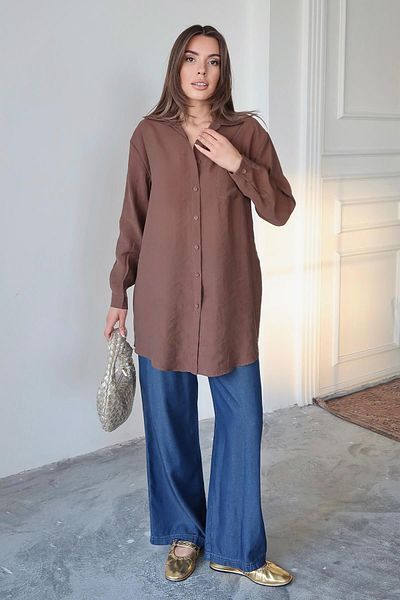 Olcay Pocket Detailed Relaxed Fit Lyocell Shirt Brown 9359