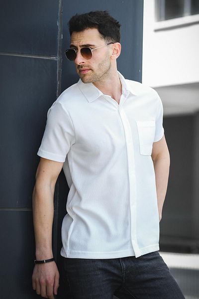 since 1990 man Mantheo Slim Fit Flexible Lycra Short Sleeve Footed Collar Men's Shirt
