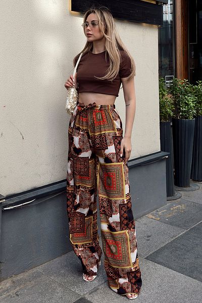 VAGGON Comfortable Cut Trousers with Elastic Waist and Tie Detail