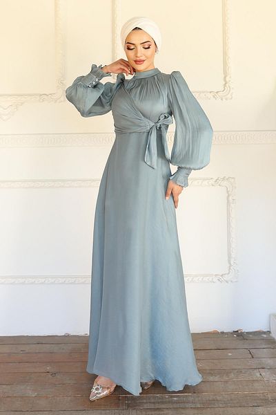 Olcay Yoryo Silk Hijab Evening Dress with Side Tie Cuff Detail Water Green 1241