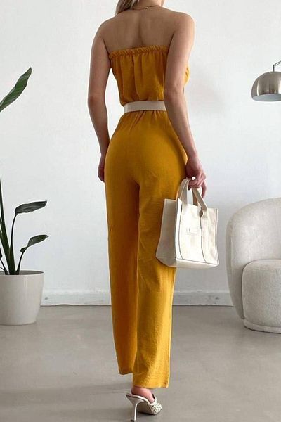 Modafeminen Aerobin Fabric Belt Included Strapless Jumpsuit Yellow 582202