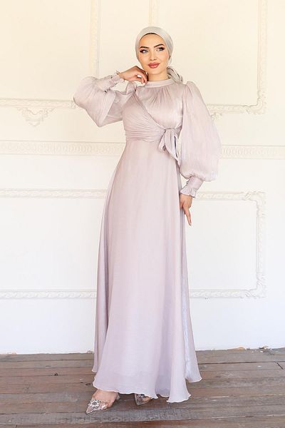 Olcay Yoryo Silk Hijab Evening Dress with Side Tie Cuff Detail Taş 1241