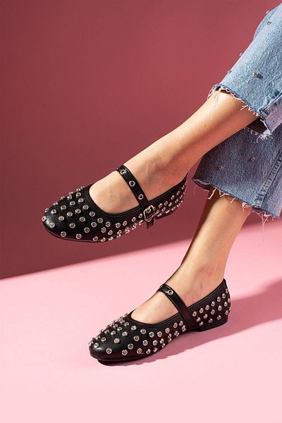 FUGA MODA Stona Black Full Staple Stone Belted Premium Ballerinas