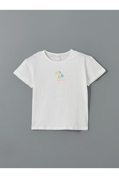 LC Waikiki New Season Crew Neck με στάμπα χτενισμένο βαμβακερό παιδικό μπλουζάκι για κορίτσια - S5HD69Z1