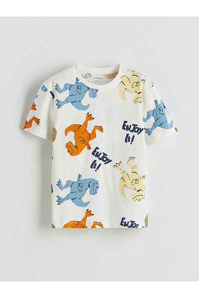 LC Waikiki Ecru Dinosaur Printed Boys' T-Shirt and Shorts 2-Piece Set