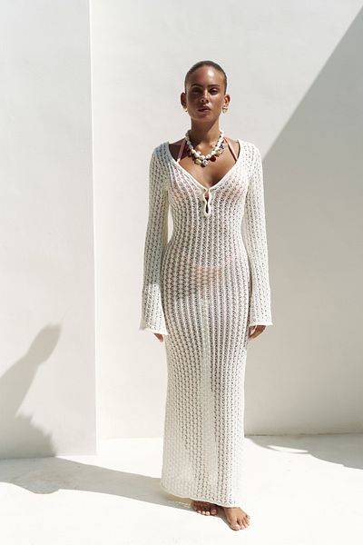 BOHEMAİ Μακρύ φόρεμα Putra V-Neck Λευκό Πλεκτό