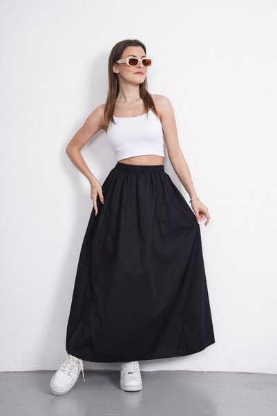 Gülmude Premium Elastic Waist Long Poplin Skirt with Floto Pocket (90cm)