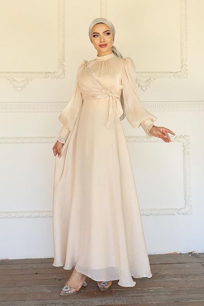 Olcay Yoryo Silk Hijab Evening Dress with Side Tie Cuff Detail Cream 1241