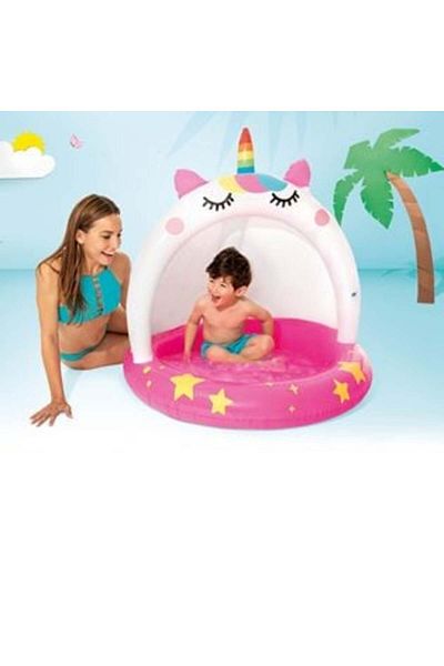 Intex Piscină acoperită Unicorn fuchsia albă pentru copii Ø102 x 102 cm - Intex
