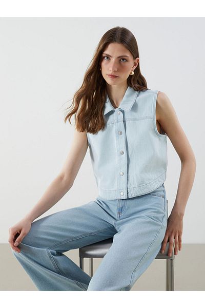 LC Waikiki Vestă de jeans pentru femei cu guler cămașă de sezon nou - S5DN47Z8