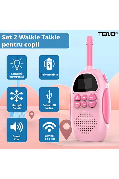 Teno Set 2 Statii Walkie-Talkie pentru Copii Teno®, sunet clar, 3+ ani, albastru/roz