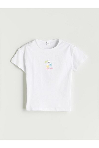 LC Waikiki New Season Crew Neck με στάμπα χτενισμένο βαμβακερό παιδικό μπλουζάκι για κορίτσια - S5HD69Z1