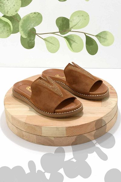 Bambi Γυναικείες παντόφλες Tan Suede από γνήσιο δέρμα K 04177062802
