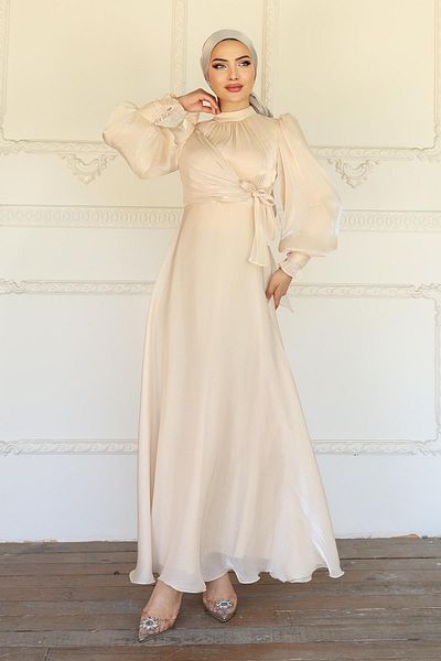 Olcay Yoryo Silk Hijab Evening Dress with Side Tie Cuff Detail Cream 1241