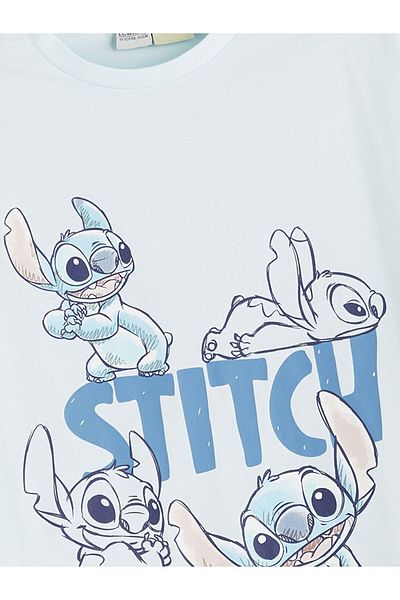 LC Waikiki Blue Crew Neck Stitch Printed Girl's T-Shirt