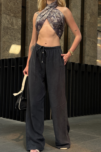 VAGGON Women's Anthracite Elastic Waist Palazzo Linen Trousers V00047-A