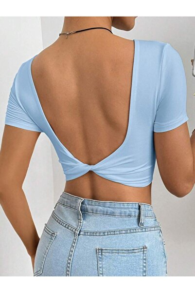 MOONBULL Bluză crop cu mânecă scurtă și spatele gol pentru femei