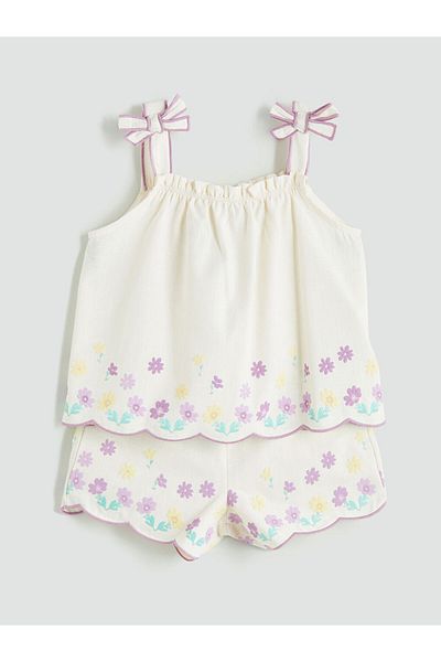 LC Waikiki Ecru Square Collar Floral Girl's Blouse and Shorts 2-Piece