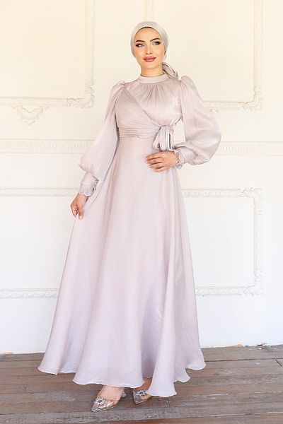 Olcay Yoryo Silk Hijab Evening Dress with Side Tie Cuff Detail Taş 1241