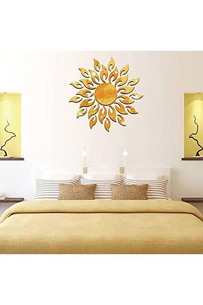 OEM Set de 27 de oglinzi acrilice din PVC, autoadezive pentru decor, soare cu 26 de raze, aurii