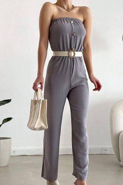 Modafeminen Aerobin Fabric Belt Included Strapless Jumpsuit Gray 582202