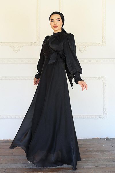 Olcay Side Tie Cuff Detail Yoryo Silk Hijab Evening Dress Black 1241