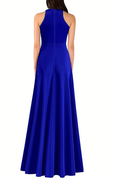 Deafox Saks Blue γυναικείο φόρεμα με σχισμή ώμου από κρεπ ύφασμα μάξι μήκους