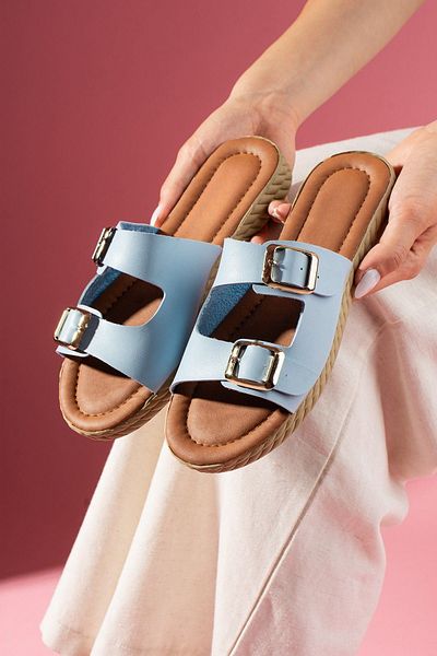 FUGA MODA Dopin Baby Blue Double Buckle Tan Soft Floor Slippers