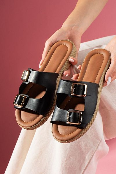 FUGA MODA Dopin Black Double Buckle Tan Soft Floor Slippers
