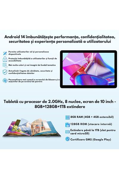 VisionHub 2-in-1 tablet, 10.1 inches, 8GB RAM (4+4GB Expandable), 128GB ROM, Android 14, WiFi 5G & 2.4G